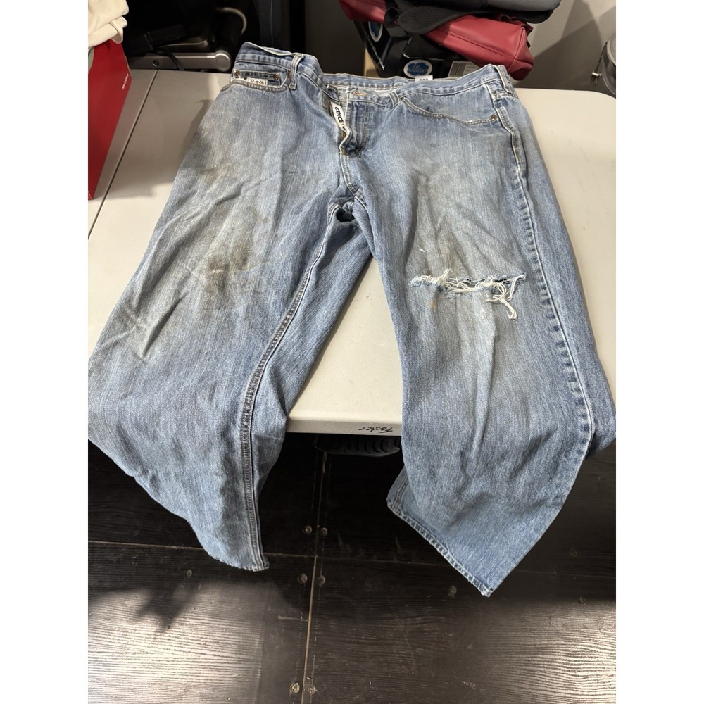Mens Cinch Up Denim Jeans Light Blue‎ Wash Black Label Distressed Sz 42x36